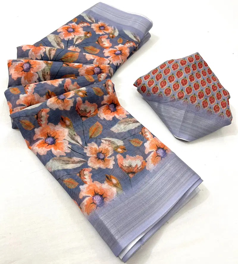 SRC Pure Linen Silver Jari Digital Printed Sarees Wholesale Market In Surat